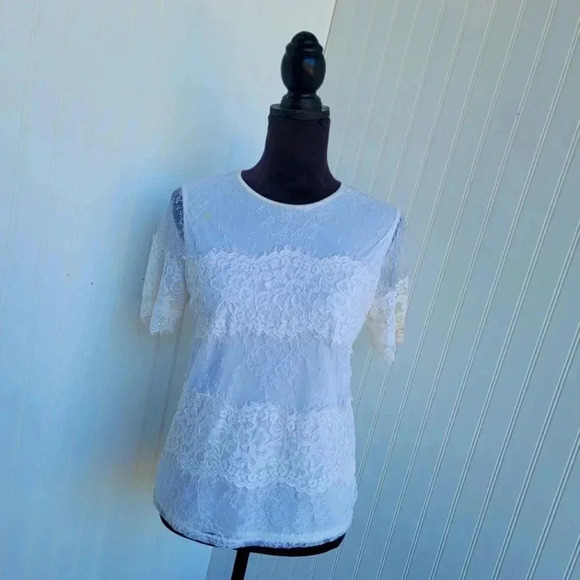 Express Top Women White Nylon Keyhole Short Sleeve Crew Neck Lace Shirt Stretc S - Picture 1 of 8